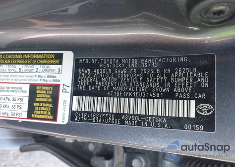 2014 Toyota Camry Se from USA, damaged, VIN 4T1BF1FK1EU314581